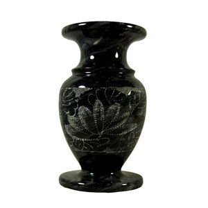 Etched Black Marble Footed Vase Floral Design Lotus Flower Vintage 5"